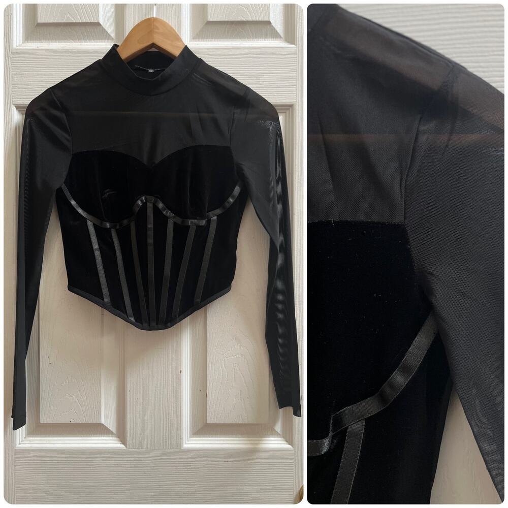 Edgy Vamp Goth Black Mesh Velvet Mock Neck Boned Cropped Corset Top Small Layer